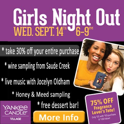 Ladies Night Out at Yankee Candle – 30% off purchase, Joceyln Live, Saude Creek & Silver Hand Meadery – Sept 14th